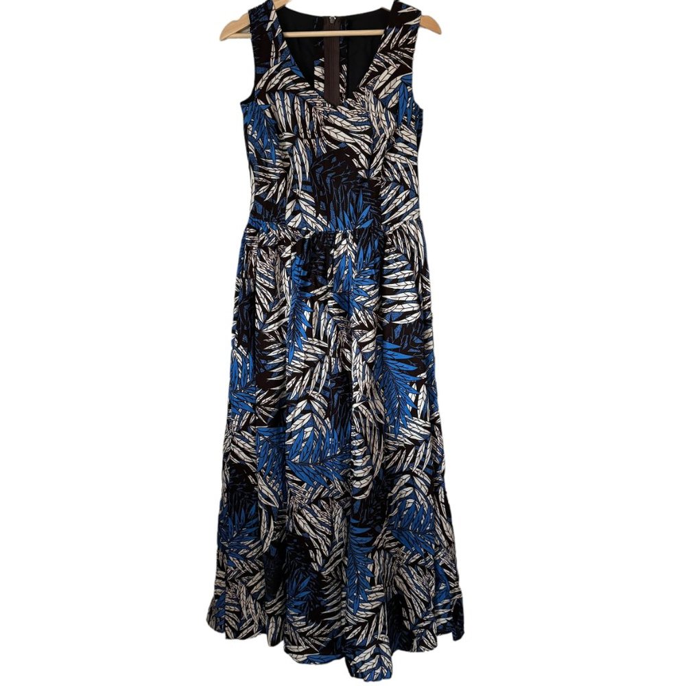 Tropical Palm Print Maxi Dress  African Wax Print Sleeveless V Neck Pockets XS